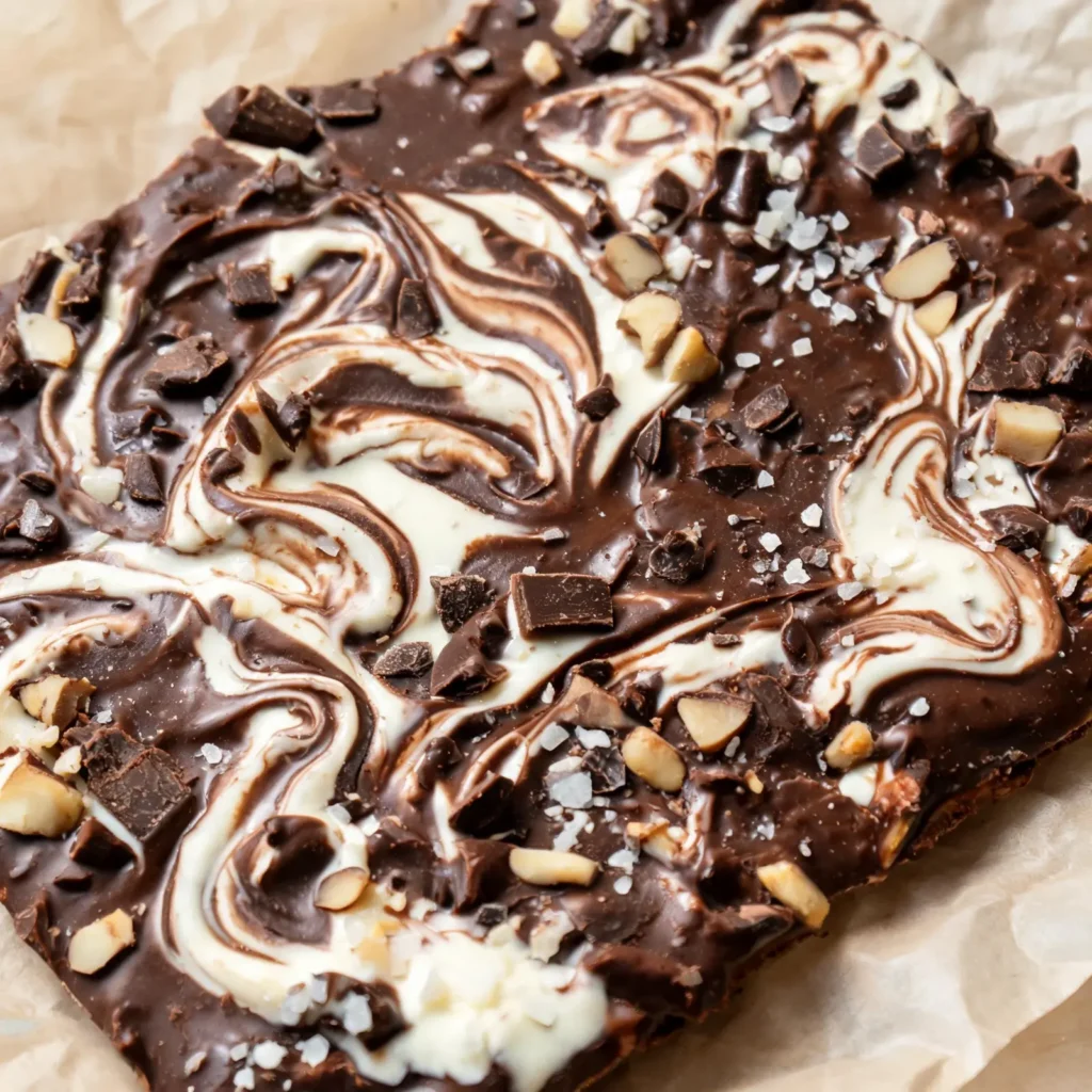 A tray of dark chocolate Greek yogurt bark topped with seeds and dried fruit