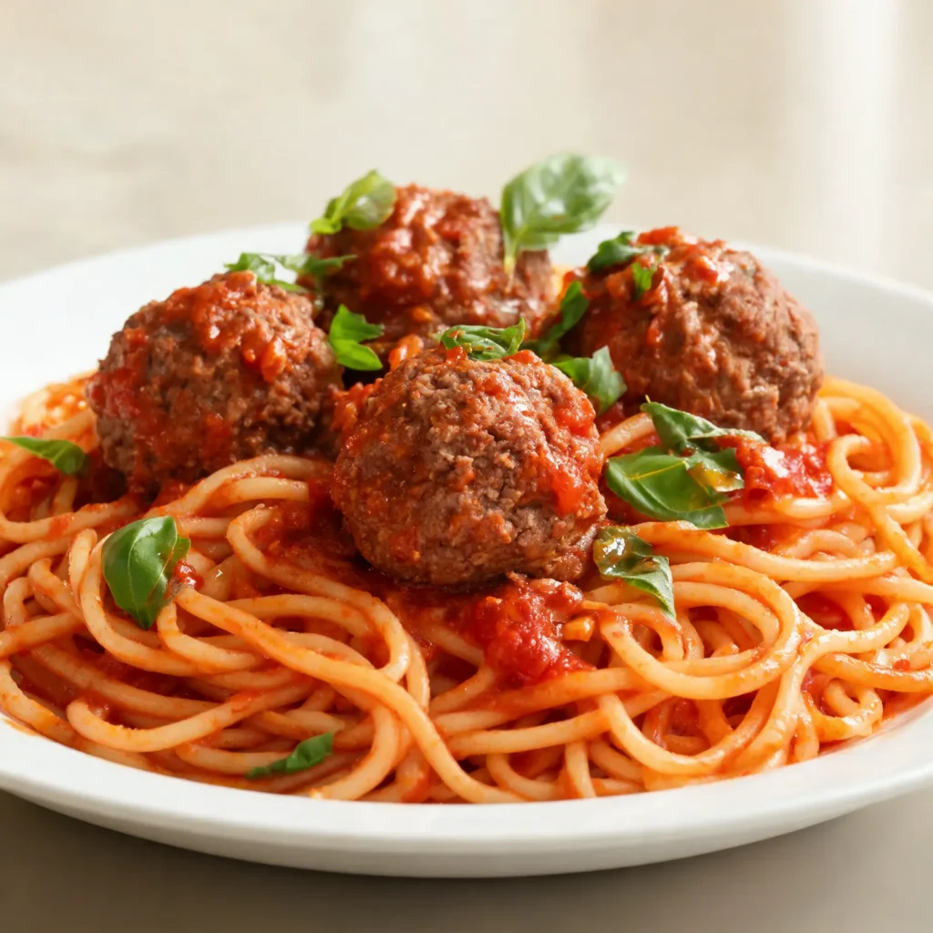 A generous plate of spaghetti and meatballs with tomato sauce, garnished with fresh basil and Parmesan cheese