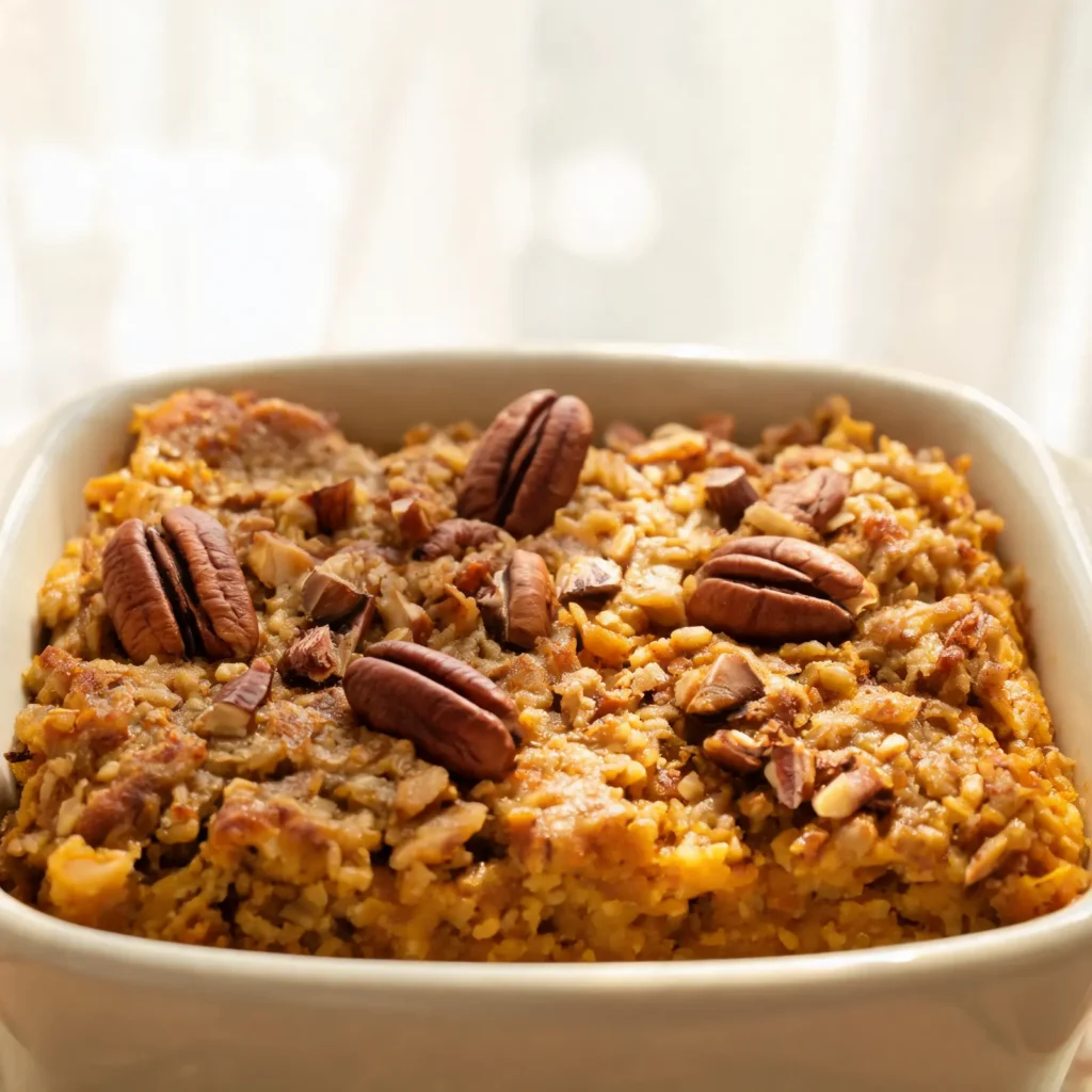 A warm baked oatmeal topped with pecans and pumpkin flavors in a baking dish