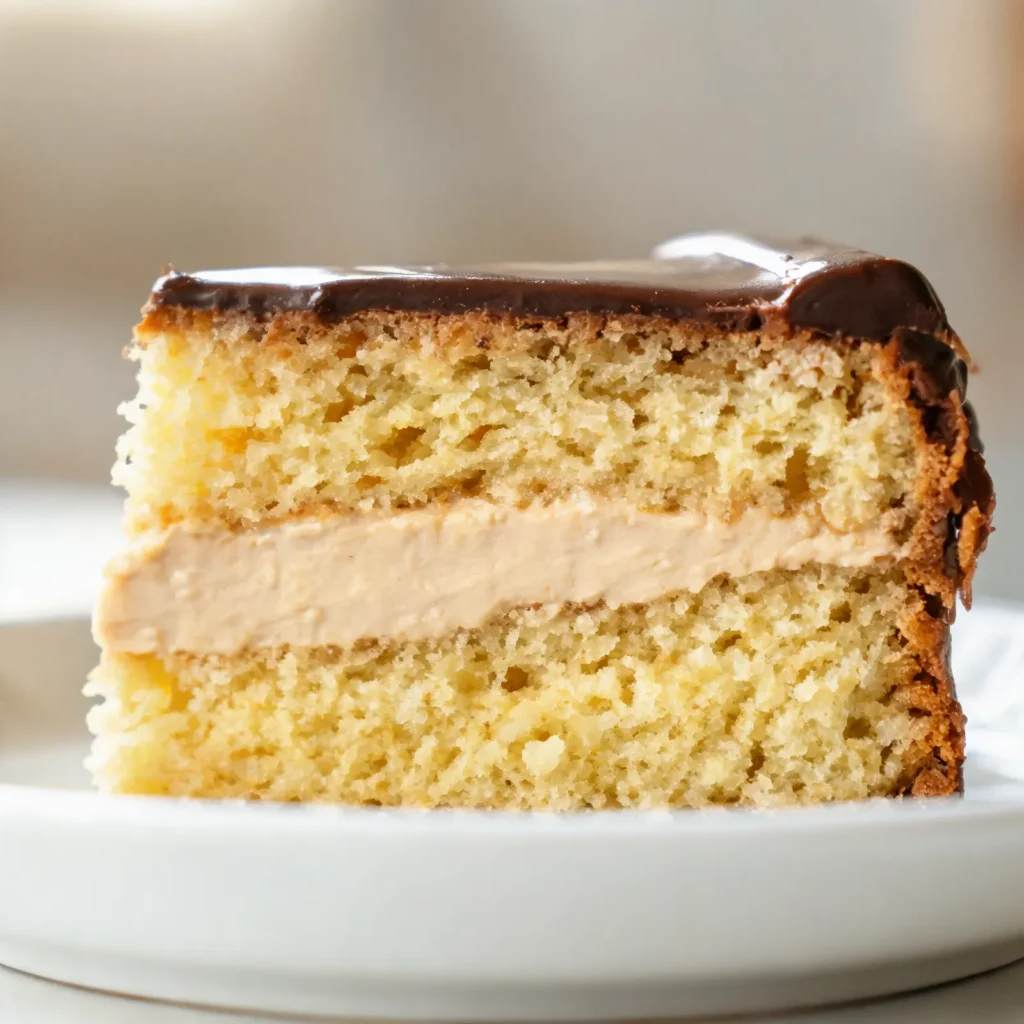 Home Maple Boston Cream Cake on a cake stand drizzled with maple glaze
