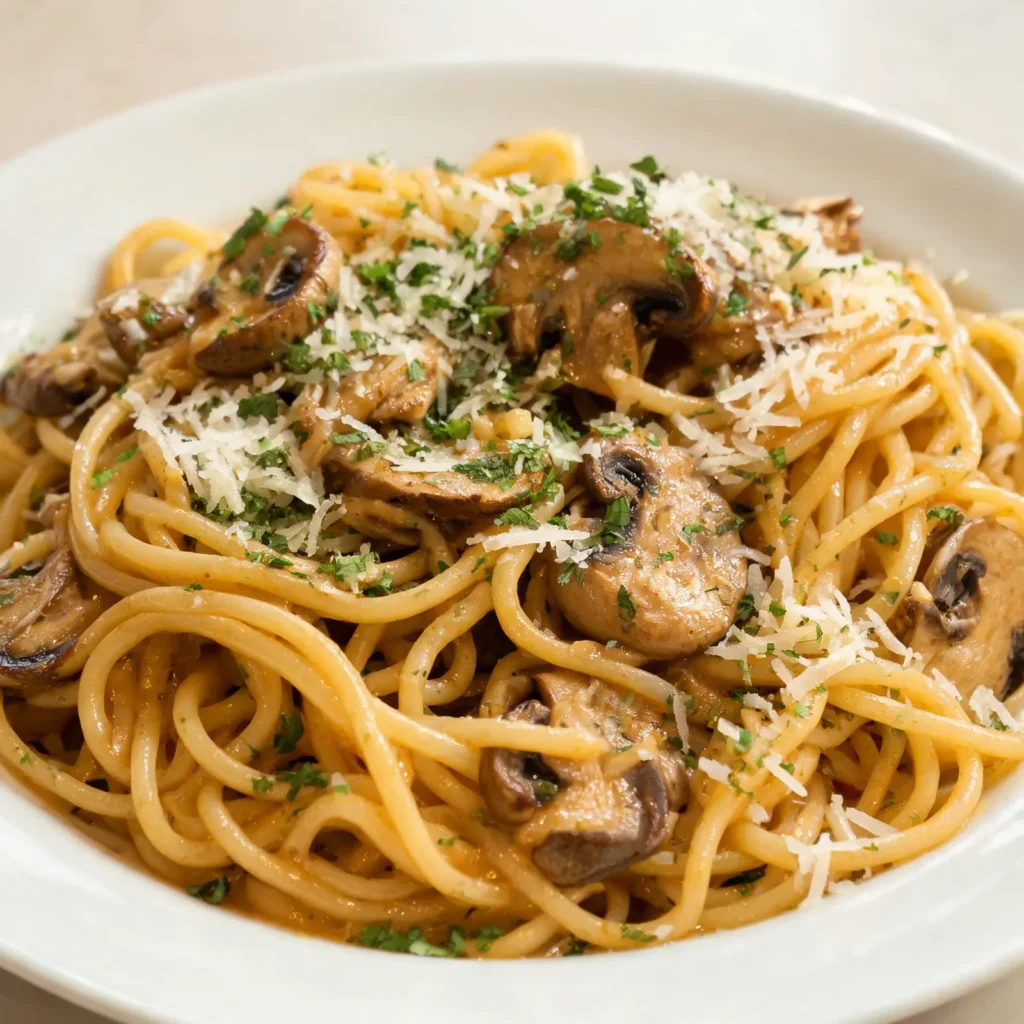 Plated miso butter mushroom pasta with Parmesan and fresh herbs