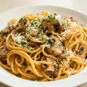 Plated miso butter mushroom pasta with Parmesan and fresh herbs