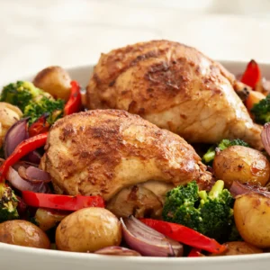 One-pan chicken and vegetables in a skillet with colorful roasted vegetables