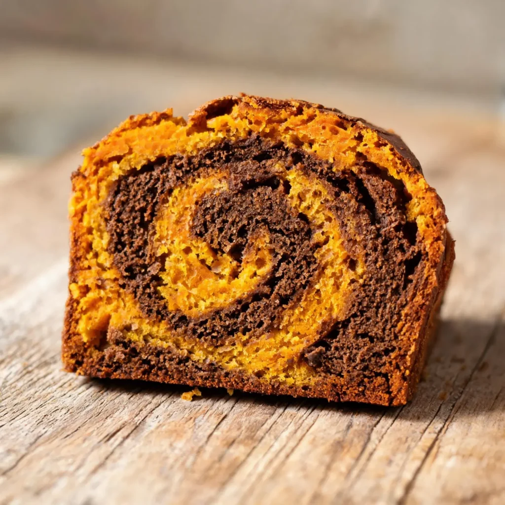 Pumpkin Chocolate Marble Loaf on a wooden board with autumn leaves