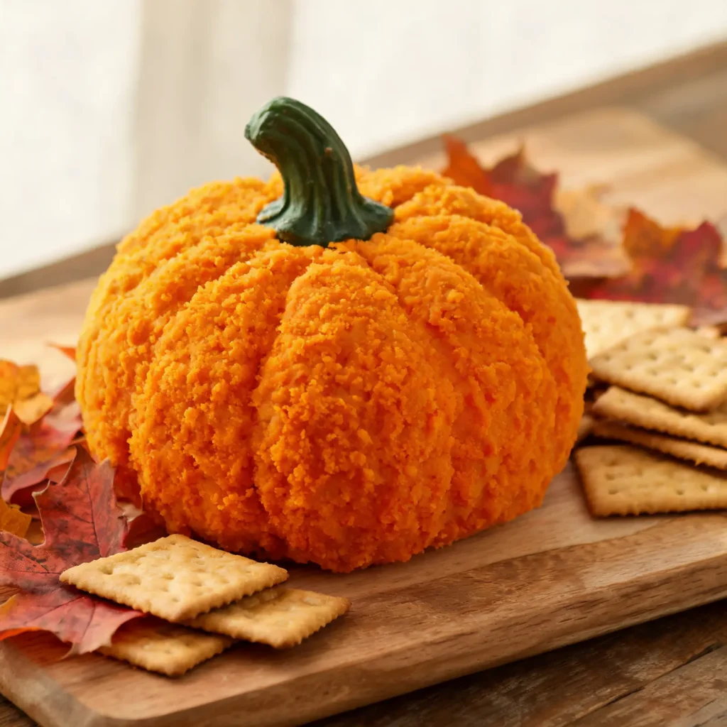 A pumpkin-shaped cheese ball on a platter, decorated with a pretzel stem and surrounded by crackers