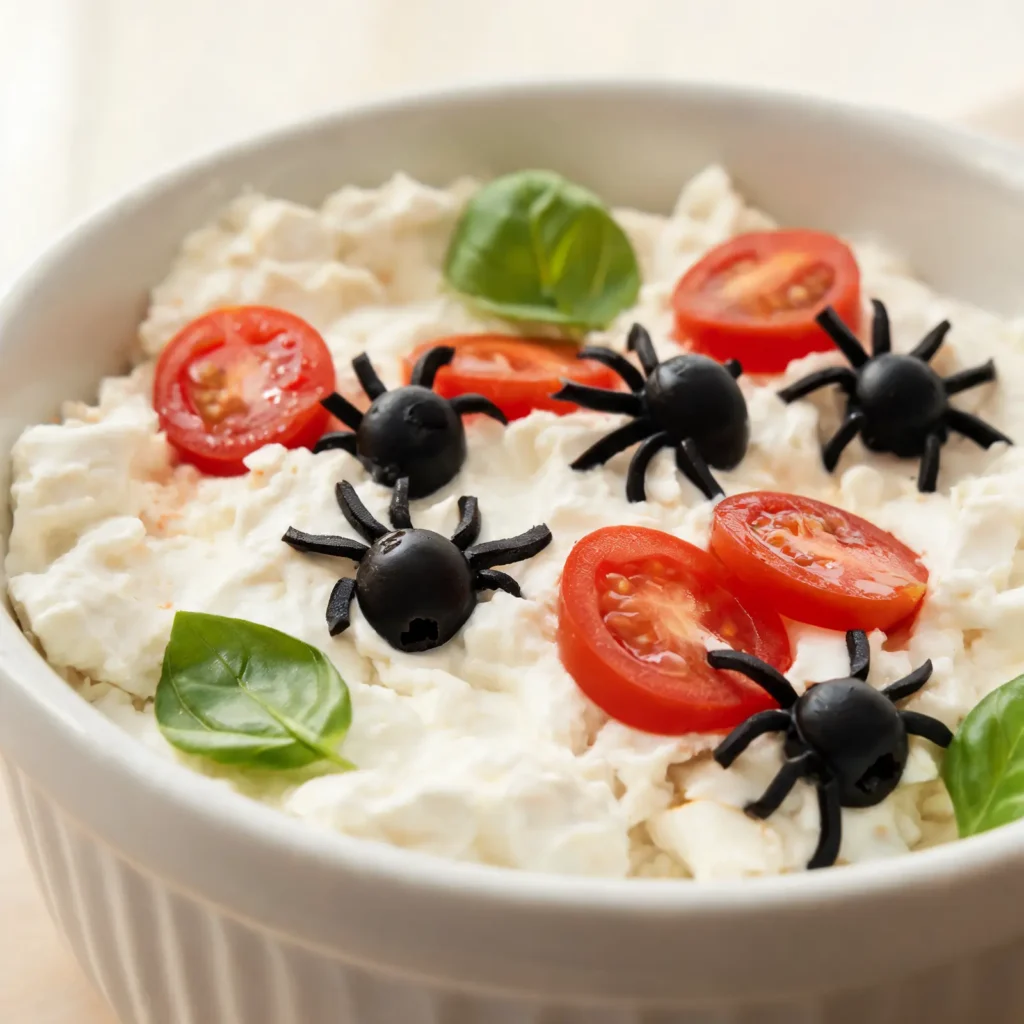 Spooky Burrata Dip with Black Olive Spiders, a creamy dip with olive spider decorations