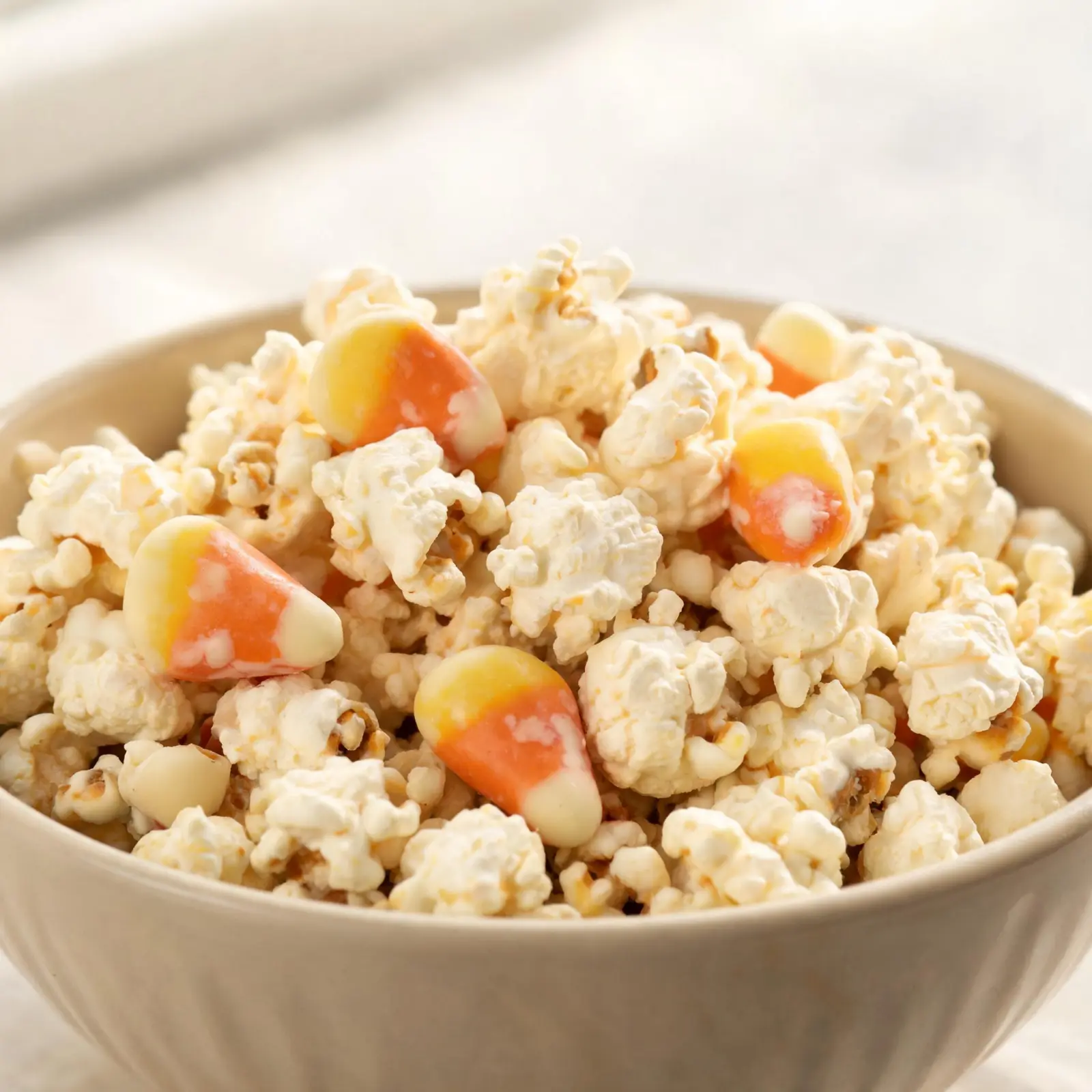 A bowl of homemade candy corn popcorn mix with colorful candy corn pieces and popcorn