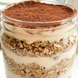 Tiramisu overnight oats layered in a jar with cocoa dusting and creamy mascarpone filling